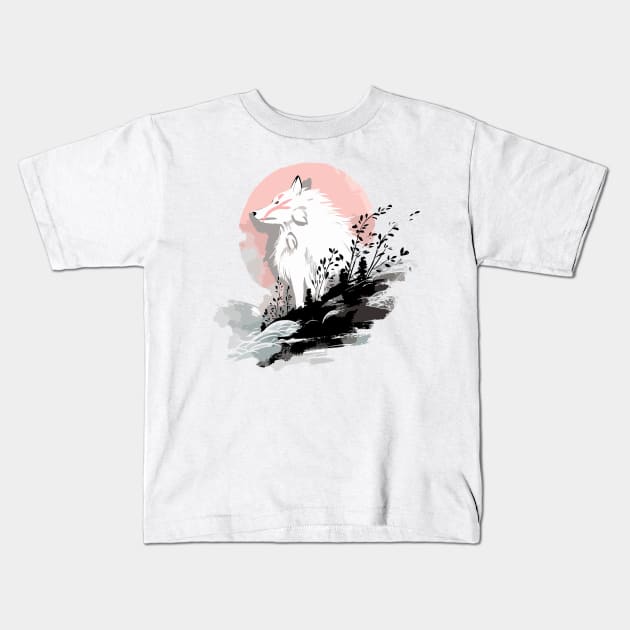 White wolf pink sun Kids T-Shirt by Evgmerk